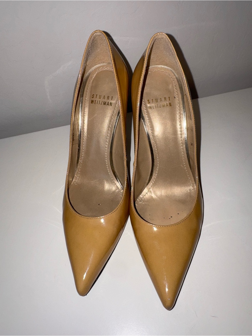 Stuart Weitzman Glossy Camel Patent Leather Pointed Pumps